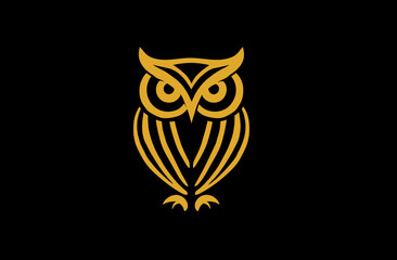 A golden-yellow owl illustration on a black background. Simple lines form the bird's features