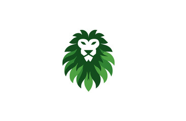 A green, stylized lion's head with a mane of leaves. Bold lines and a white face