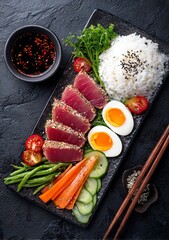 Vibrant sashimi tuna with fluffy rice, fresh vegetables, and perfectly cooked eggs offers a delicious and healthy meal experience, ideal for culinary inspiration and lifestyle content.