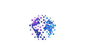 Network of violet and blue dots connected by lines on a white background