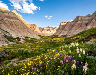 Colorful wildflowers in a valley under a vibrant sky