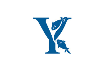 Blue letter "Y" with two cartoon-style fish swimming around it on white background