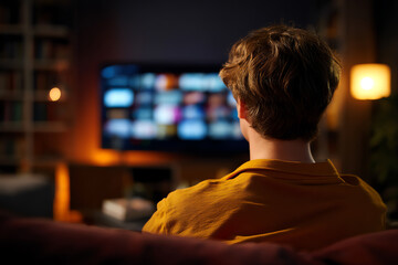 A person in a yellow shirt sits on a couch watching a brightly lit TV screen in a cozy, dimly lit living room at night