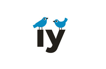Graphic with two blue birds perched atop a black letter 