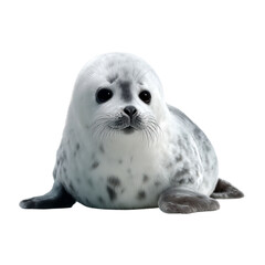 Png of adorable baby harp seal pup looking at the camera isolated on transparent background, a cute and cuddly animal