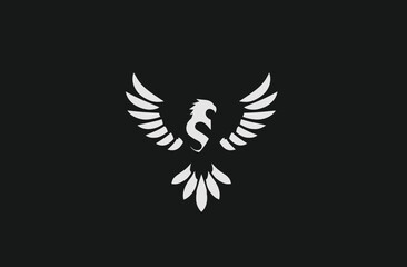 White stylized bird with spread wings emblem on a solid dark gray background