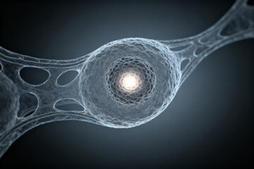 3D rendering of a neuron cell with visible nucleus and dendritic structure