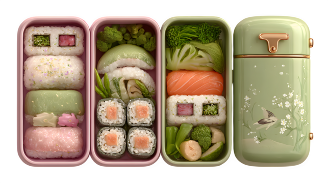 3D pastel bento box set with open compartments showing sushi, rice balls and vegetables, kawaii-style lunch pack, isolated on transparent background with no shadow