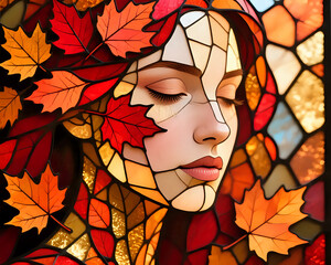 Stained-glass style artwork of a serene woman with autumn leaves, symbolizing fall, nature, reflection, and seasonal beauty.