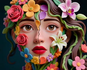 Surreal face of a woman adorned with flowers and vines, symbolizing spring, nature, floral beauty, and environmental harmony.