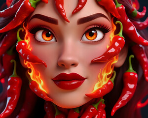 3D fiery portrait of a woman surrounded by chili peppers and flames, symbolizing heat, passion, energy, and bold expression.