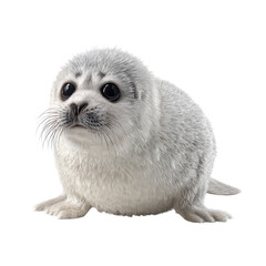 Png of cute baby harp seal pup isolated on transparent background, looking at the camera with its big, black eyes