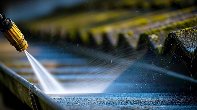 High pressure water cleaning metal roof and roof tile, removing dirt and moss, outdoor maintenance, powerful spray for cleanliness and renovation