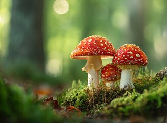 Vibrant red toadstool mushrooms growing on lush green moss, a stunning natural scene perfect for ecological projects and nature-themed designs