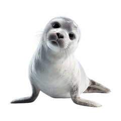 Png of adorable baby harp seal pup looking up isolated on transparent background, with a curious expression on its face