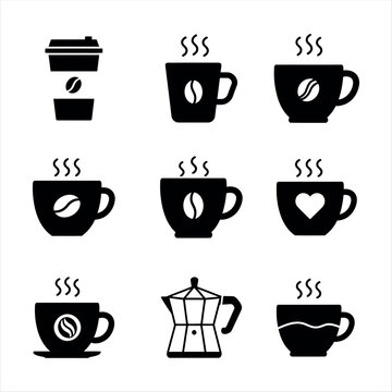 A simple black and white coffee icon set featuring a steaming cup, a coffee pot, and a mug with a bean symbol. Ideal for caf&eacute; branding, menus, mobile apps, or coffee-related designs