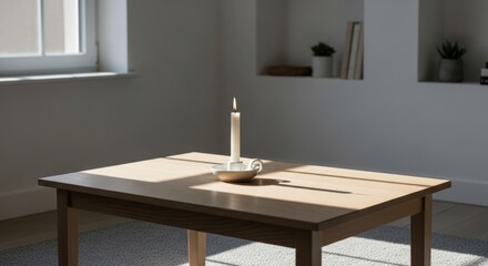 A solitary candle casts a warm glow on a wooden table.