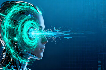 Cybernetic human head with glowing neural interface and digital data stream