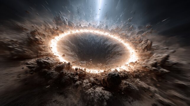 Impactful Crater: A breathtaking, artistic rendering showcases a colossal, incandescent crater, born from an epic impact with celestial drama