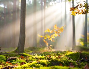 Sunlight streams through a misty autumn forest