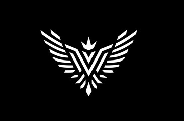Stylized geometric bird in white against black, wings spread wide in symmetrical design