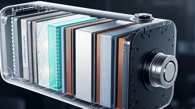 Solid-state battery internal structure with glowing electrolyte showing energy transfer