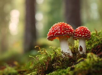 Vibrant red toadstool mushrooms thriving on lush green moss, creating a stunning natural woodland scene, perfect for nature and botanical projects.
