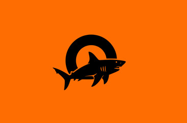 Silhouette of a shark with exposed teeth jumping through a black ring on orange backdrop