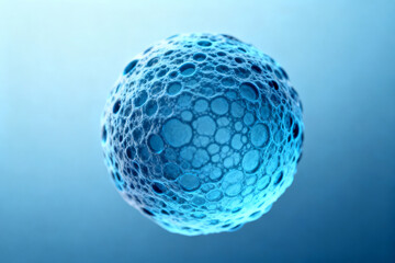 Blue spherical structure with porous surface resembling a cellular or molecular form