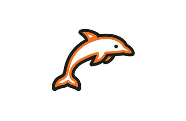 Cartoon style dolphin in mid-leap with an orange body and dark-outlined edges