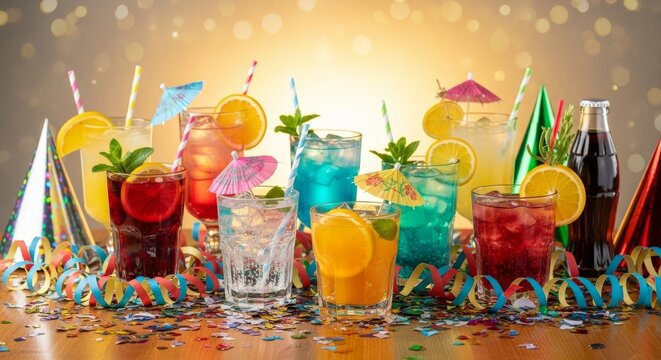 Festive party table with a variety of colorful mixed drinks.