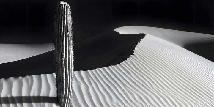 AI image A monochrome desert landscape with a solitary cactus and undulating sand dunes under