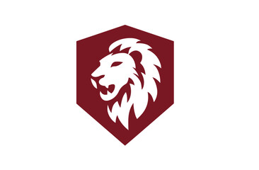 Vector illustration White lion head silhouette inside a maroon hexagon shield shape