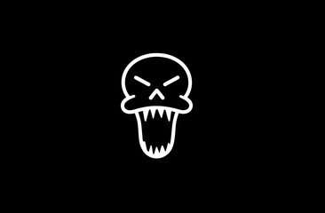 Minimalist white skull icon with angry eyes and sharp teeth on a black background