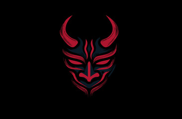 Stylized demon mask illustration in red and gray against a black backdrop