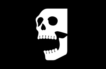 Stark white skull, teeth bared, outlined on a black background, minimalist design