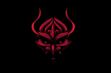 Red devil mask with horns, detailed linework and black background, stylized illustration