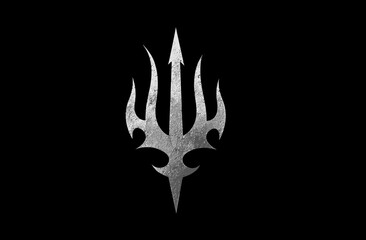 Textured metallic trident emblem in the center on a stark black background