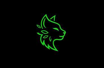 Green outline fox head in profile, leaves near neck on a solid black background