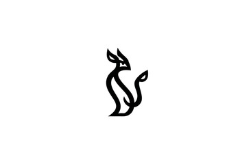 Minimalist black line drawing of a stylized fox/feline on a white background