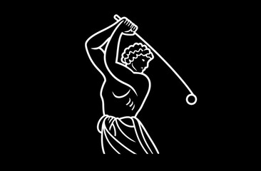 White line art of a stylized male figure swinging a staff on a black background