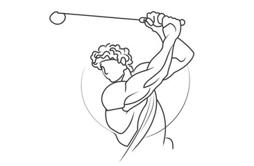 Line art of a muscular man swinging a rod, reminiscent of classical sculpture
