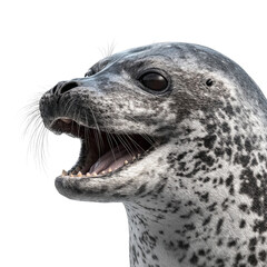 Png of a harbor seal with its mouth open, isolated on transparent background the seal has a spotted coat and whiskers