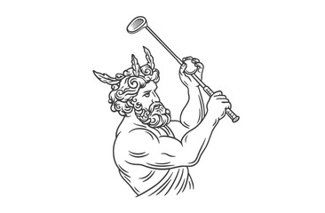 Sketch of a Greek god with wings on his head swinging a golf club on a white background