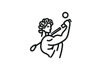 Line art shows classical figure aiming a cannon at a sphere, against a white background