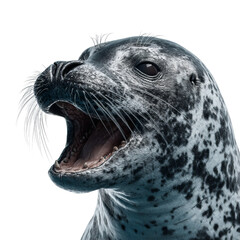 Png of closeup of a harbor seal with its mouth open, isolated on transparent background the seal has a spotted coat