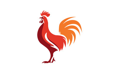 Stylized rooster with orange tail and red body, silhouetted against a white background