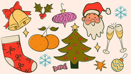 Christmas doodle colorful element set. Hand drawn Christmas tree, toys, flute, Santa decoration symbol. Vector illustration.
