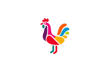 Colorful rooster illustration on a white backdrop with bright, segmented plumage