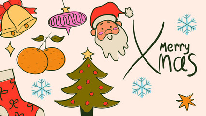 Doodle vintage Merry Christmas greeting card. Ink sketch style banner. Hand drawn Christmas tree, toys, flute, Santa decoration symbol.  Retro vector illustration.